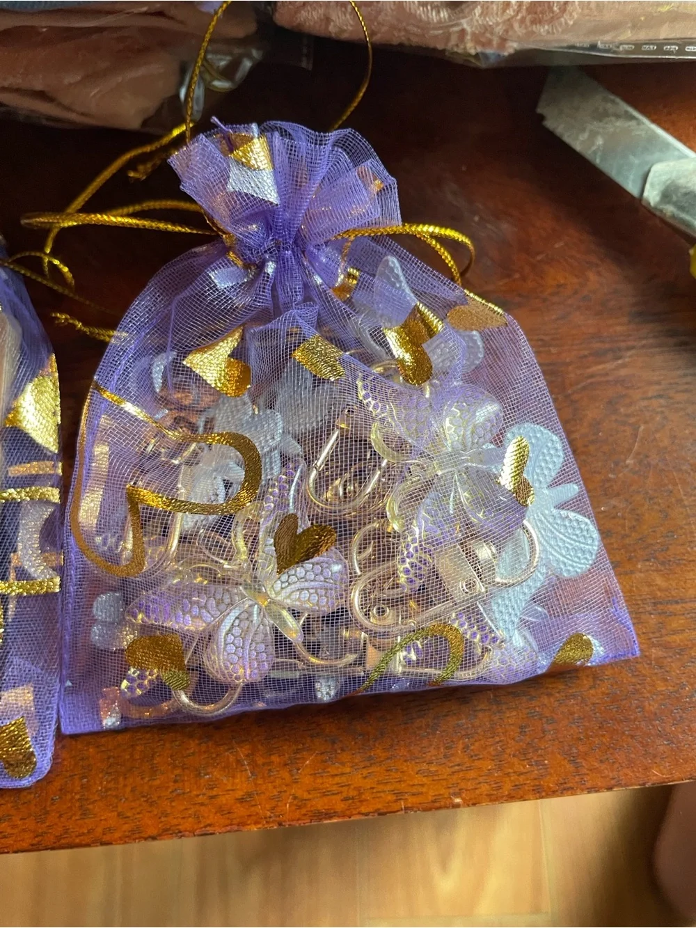 Purple Organza Favor Bags with Gold Heart Print - Party Supplies